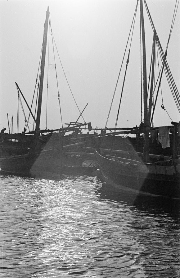 View of dhows (sailboats) moored ...