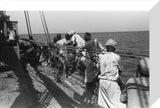 View of sailors hoisting sails ...