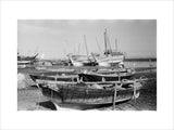 View of dhows (sailboats) beached ...