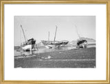 View of three sambuks (sailboats)beached ...